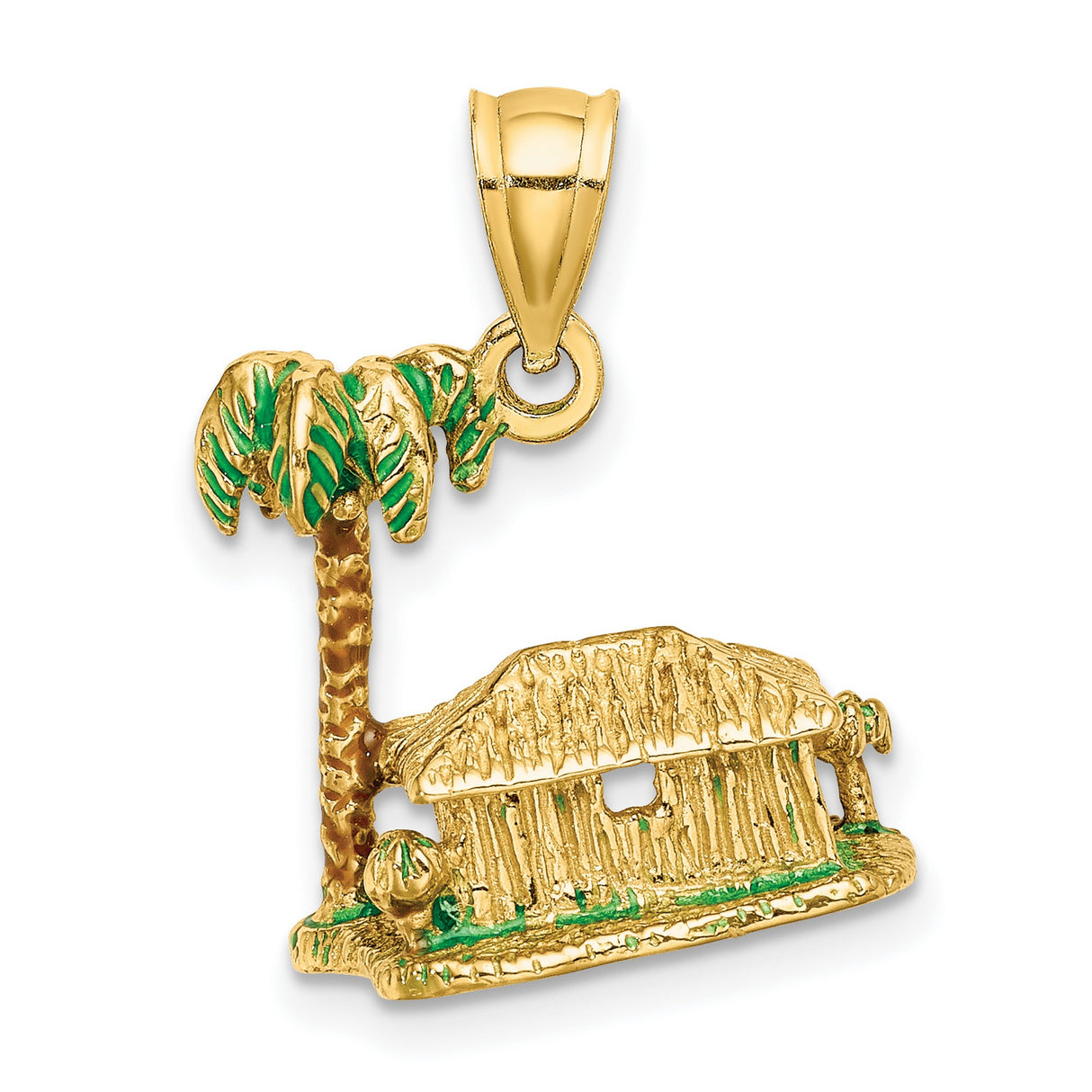 14k Yellow Gold Tropical Hut Pendant with Palm Tree, Green and Red Enamel
