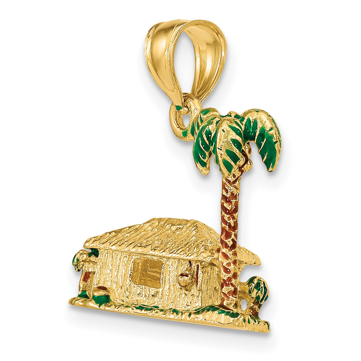 14k Yellow Gold Tropical Hut Pendant with Palm Tree, Green and Red Enamel
