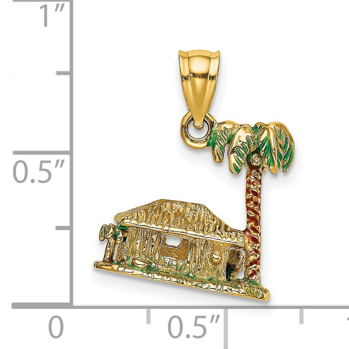 14k Yellow Gold Tropical Hut Pendant with Palm Tree, Green and Red Enamel
