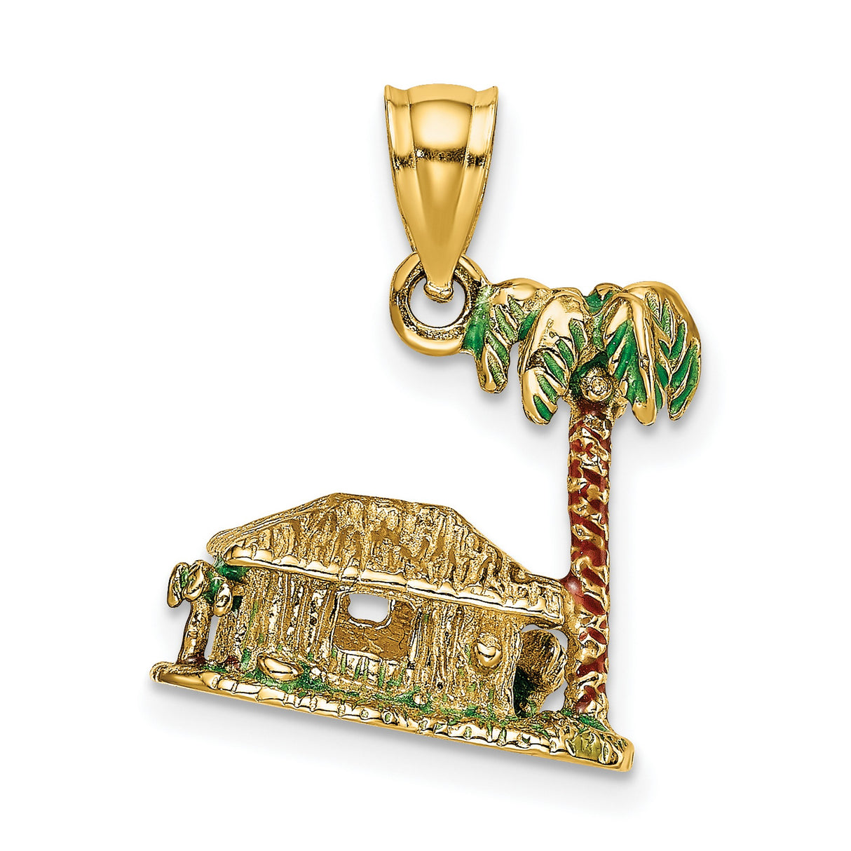 14k Yellow Gold Tropical Hut Pendant with Palm Tree, Green and Red Enamel