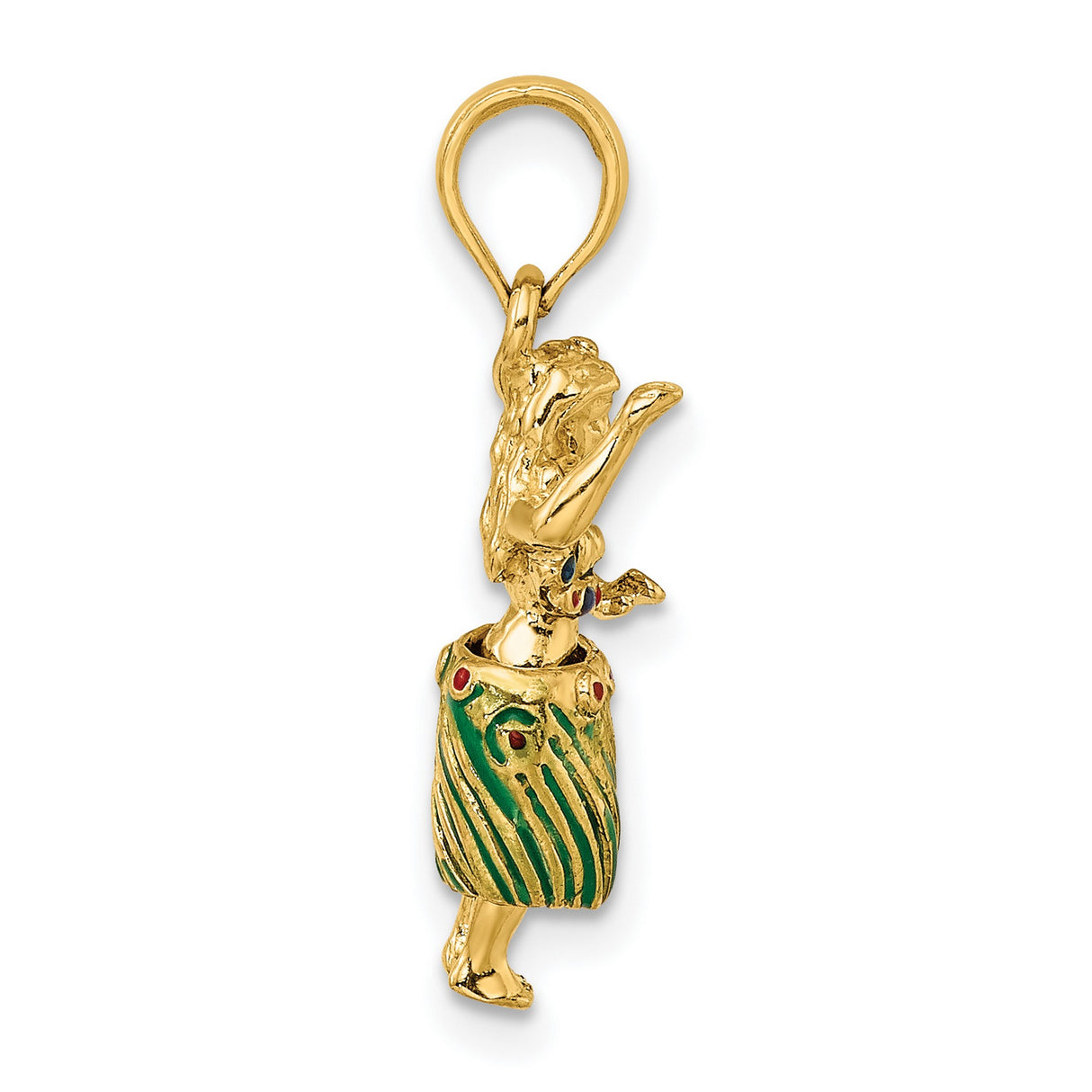14k Yellow Gold Hula Dancer Pendant with Enamel Skirt and Lei, Hawaiian Theme Charm