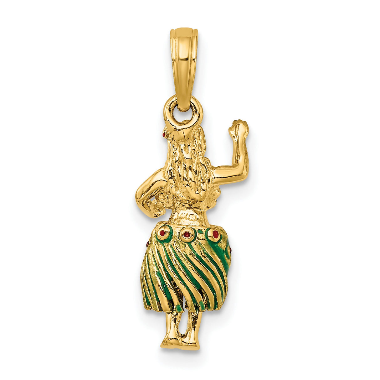 14k Yellow Gold Hula Dancer Pendant with Enamel Skirt and Lei, Hawaiian Theme Charm