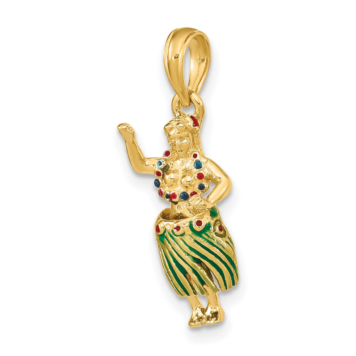 14k Yellow Gold Hula Dancer Pendant with Enamel Skirt and Lei, Hawaiian Theme Charm