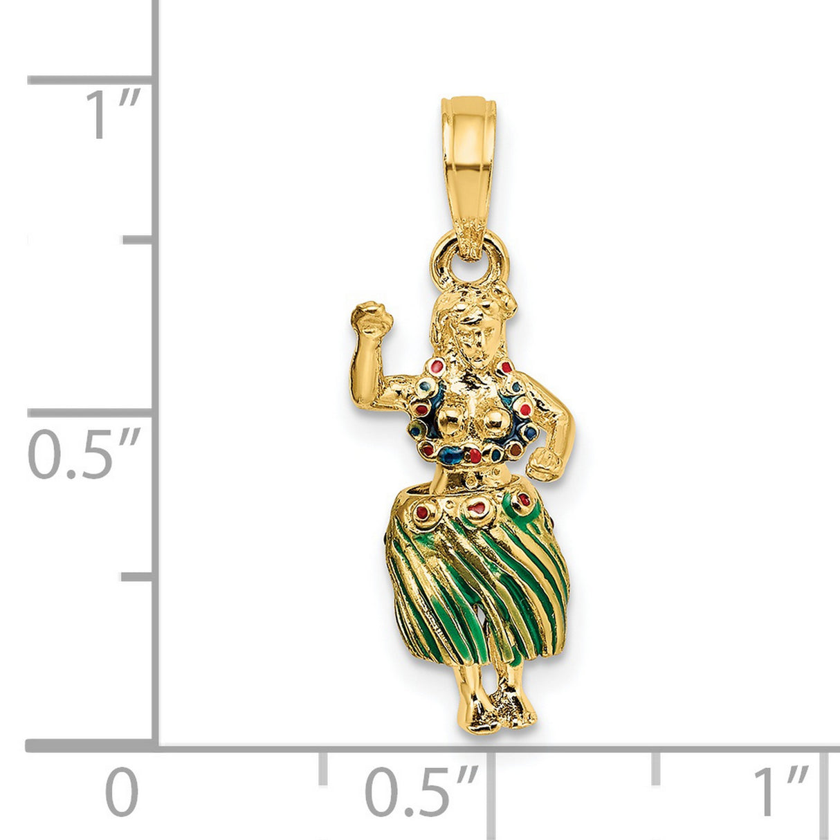 14k Yellow Gold Hula Dancer Pendant with Enamel Skirt and Lei, Hawaiian Theme Charm