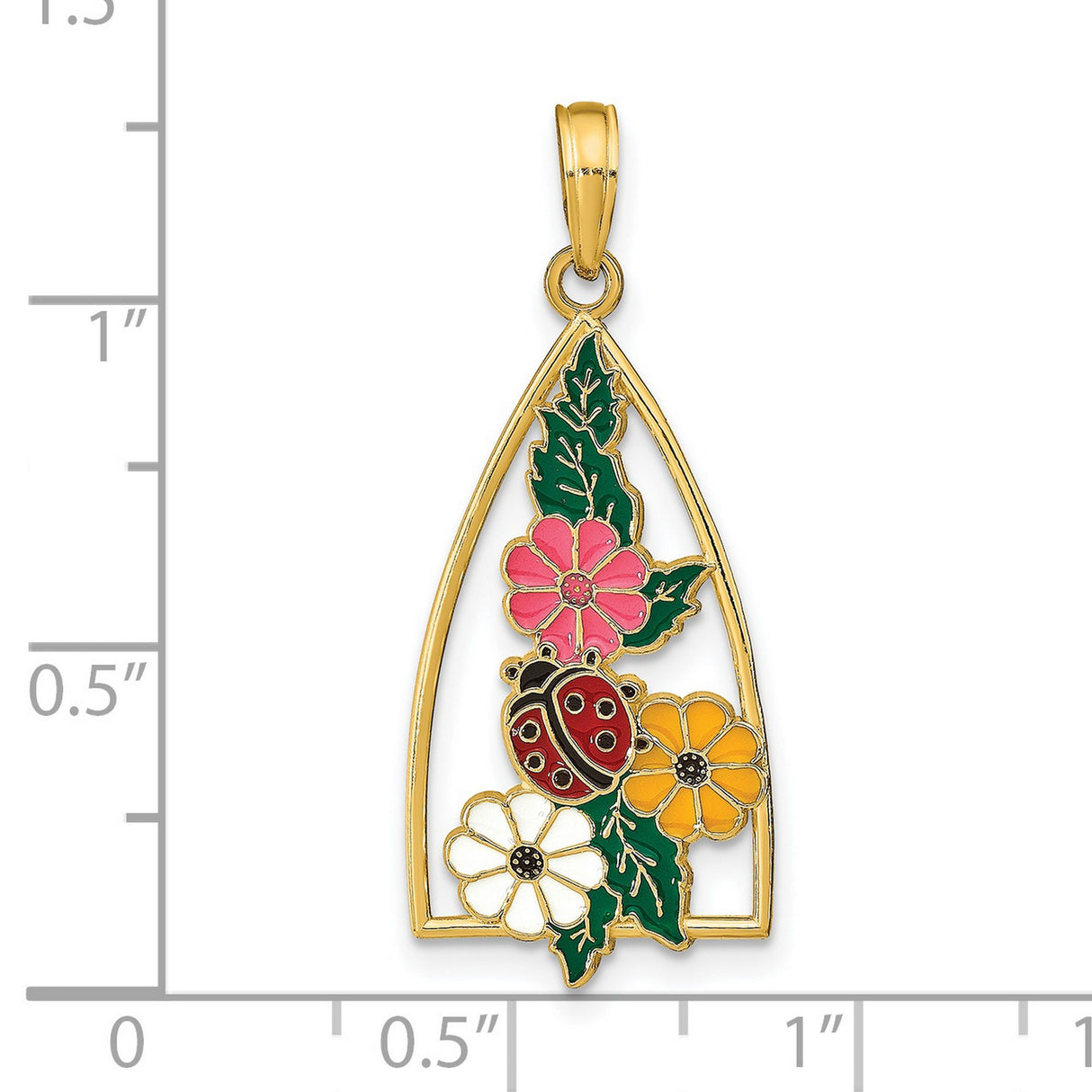 14k Yellow Gold Pendant with Enamel Flowers and Ladybug, Nature-Inspired Floral Charm