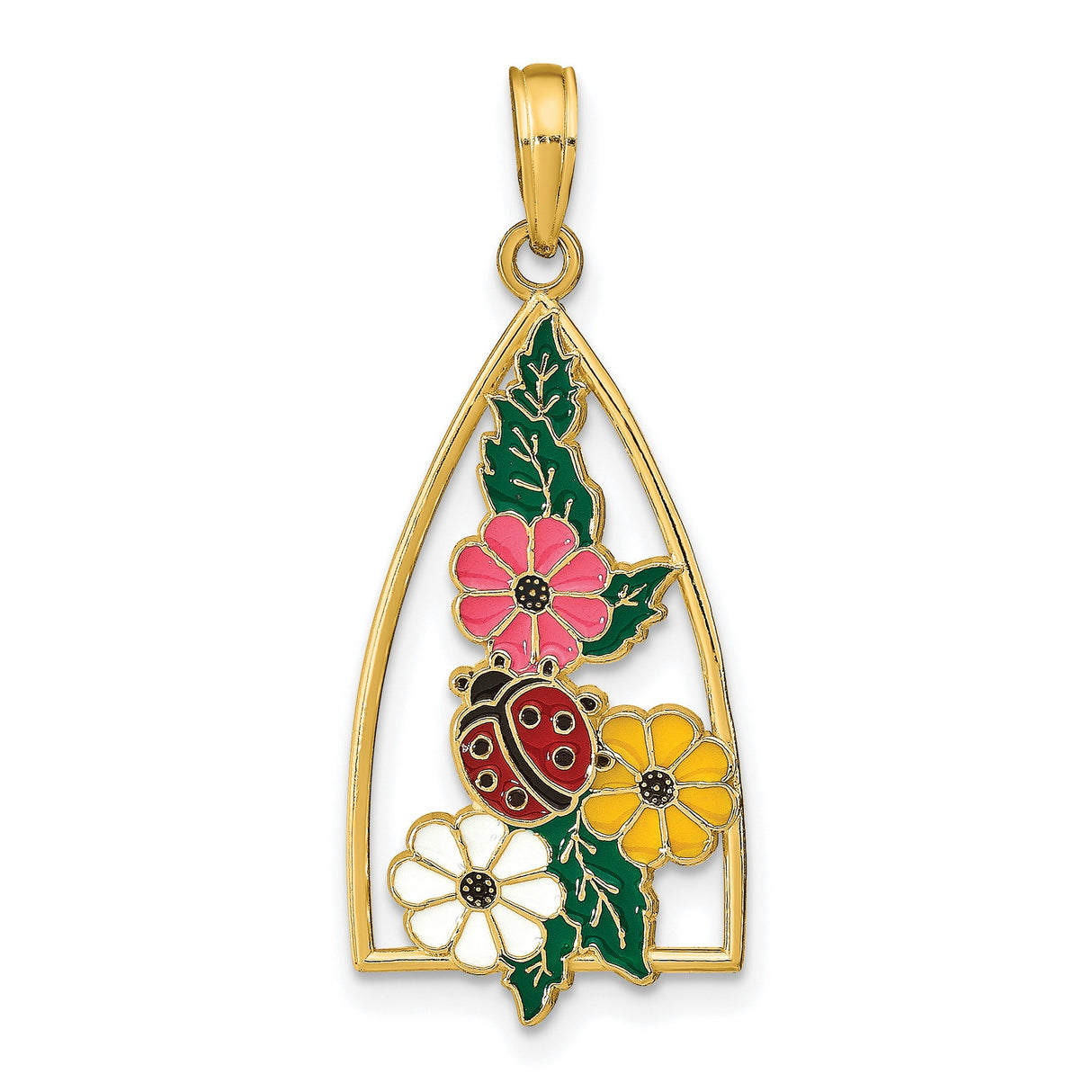 14k Yellow Gold Pendant with Enamel Flowers and Ladybug, Nature-Inspired Floral Charm