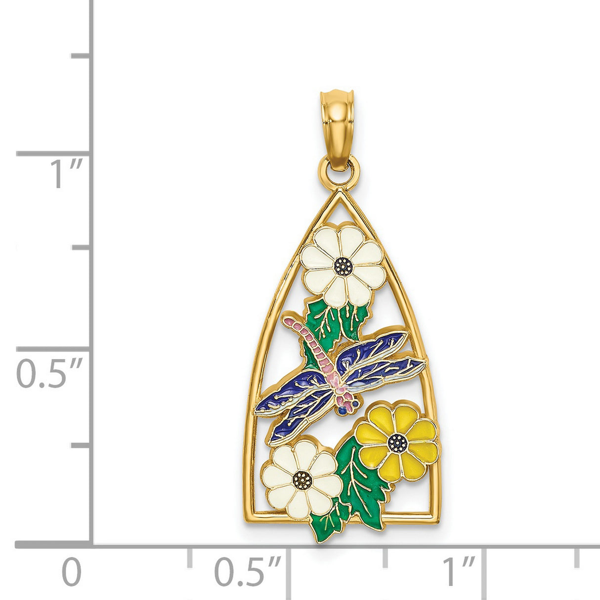 14k Yellow Gold Pendant with Enamel Dragonfly, Floral Design and Green Leaf Accents