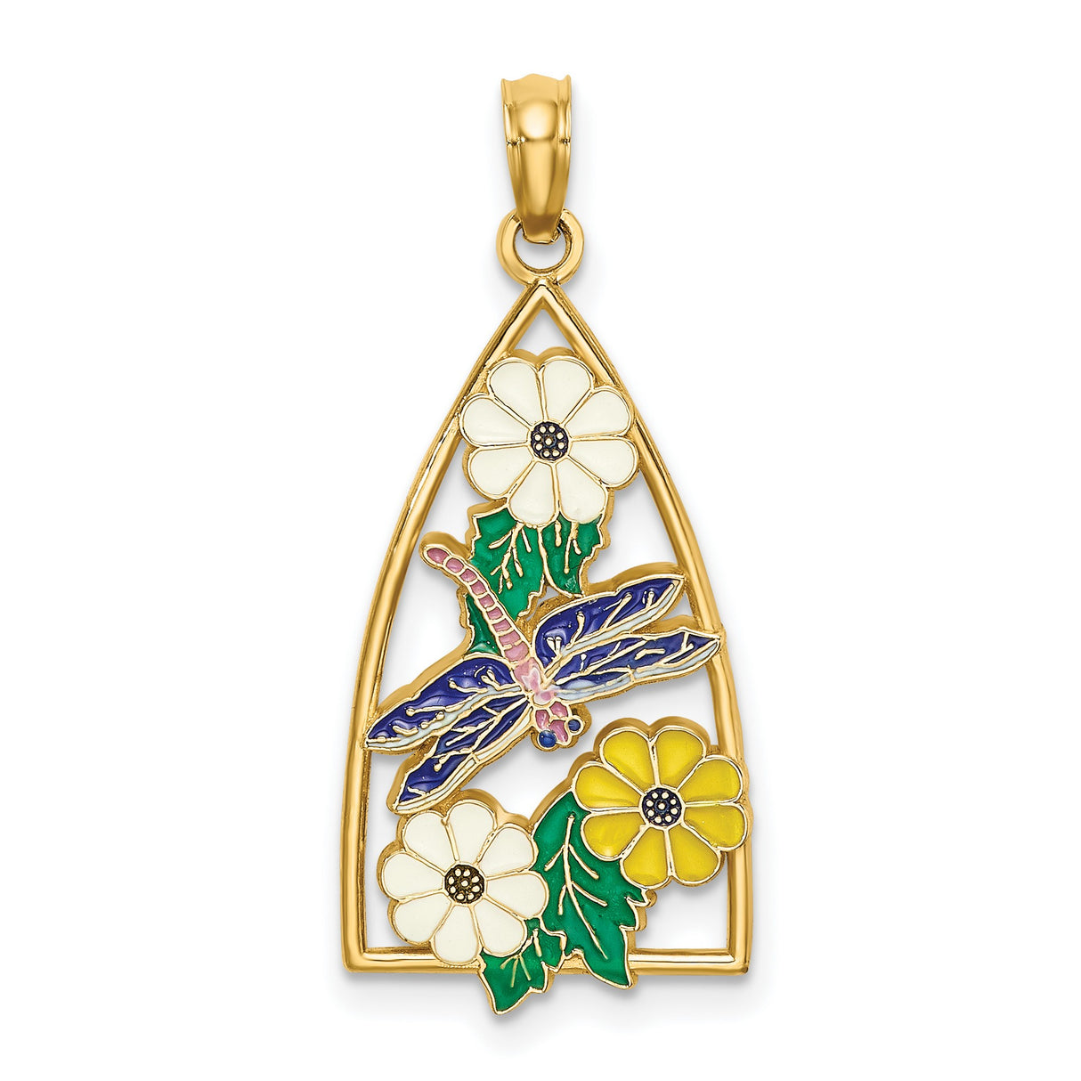 14k Yellow Gold Pendant with Enamel Dragonfly, Floral Design and Green Leaf Accents