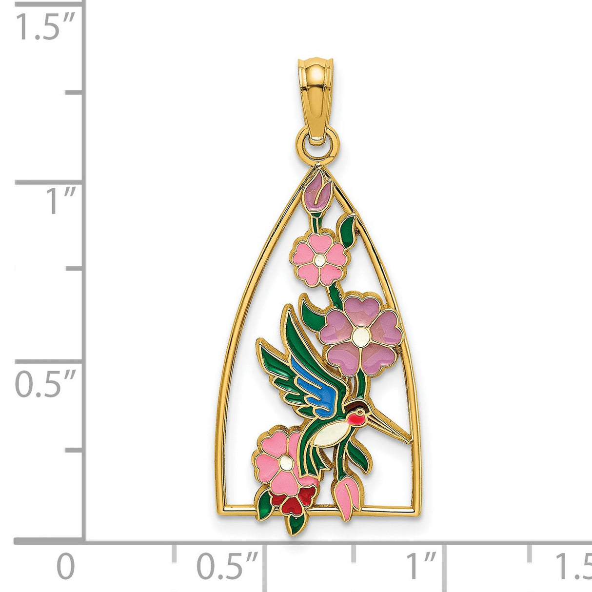 14k Yellow Gold Pendant with Enamel Hummingbird and Pink Flowers, Nature Inspired Design for Women