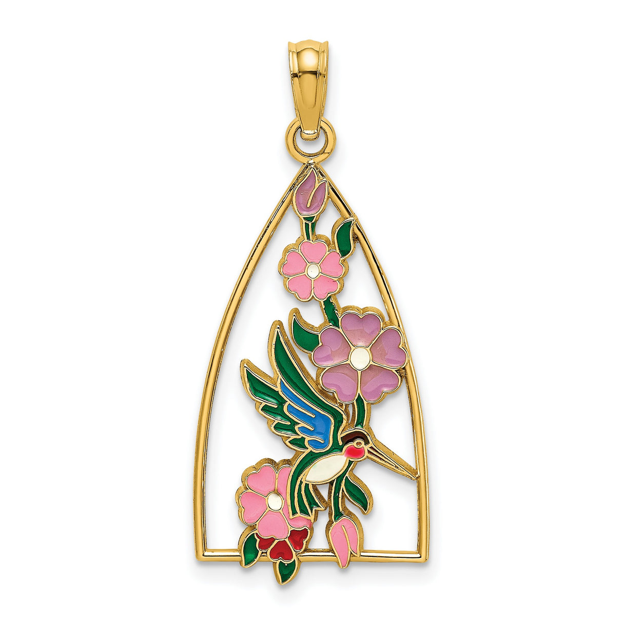 14k Yellow Gold Pendant with Enamel Hummingbird and Pink Flowers, Nature Inspired Design for Women