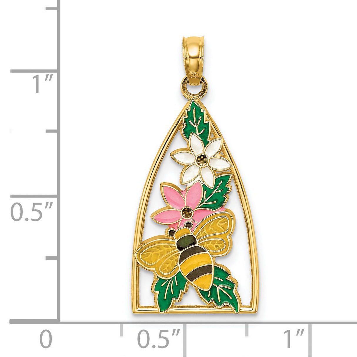 14k Yellow Gold Bee Pendant with Enamel Flower and Leaf, Garden Motif Charm for Women