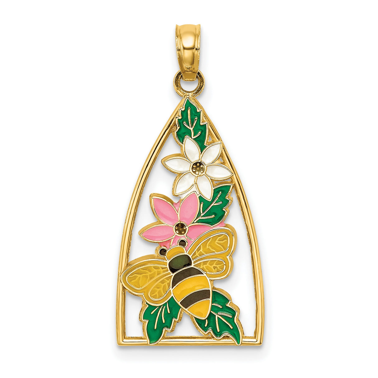 14k Yellow Gold Bee Pendant with Enamel Flower and Leaf, Garden Motif Charm for Women