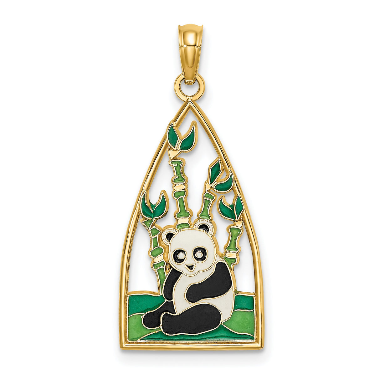14k Yellow Gold Panda Pendant with Black and White Enamel, Bamboo and Nature Motif