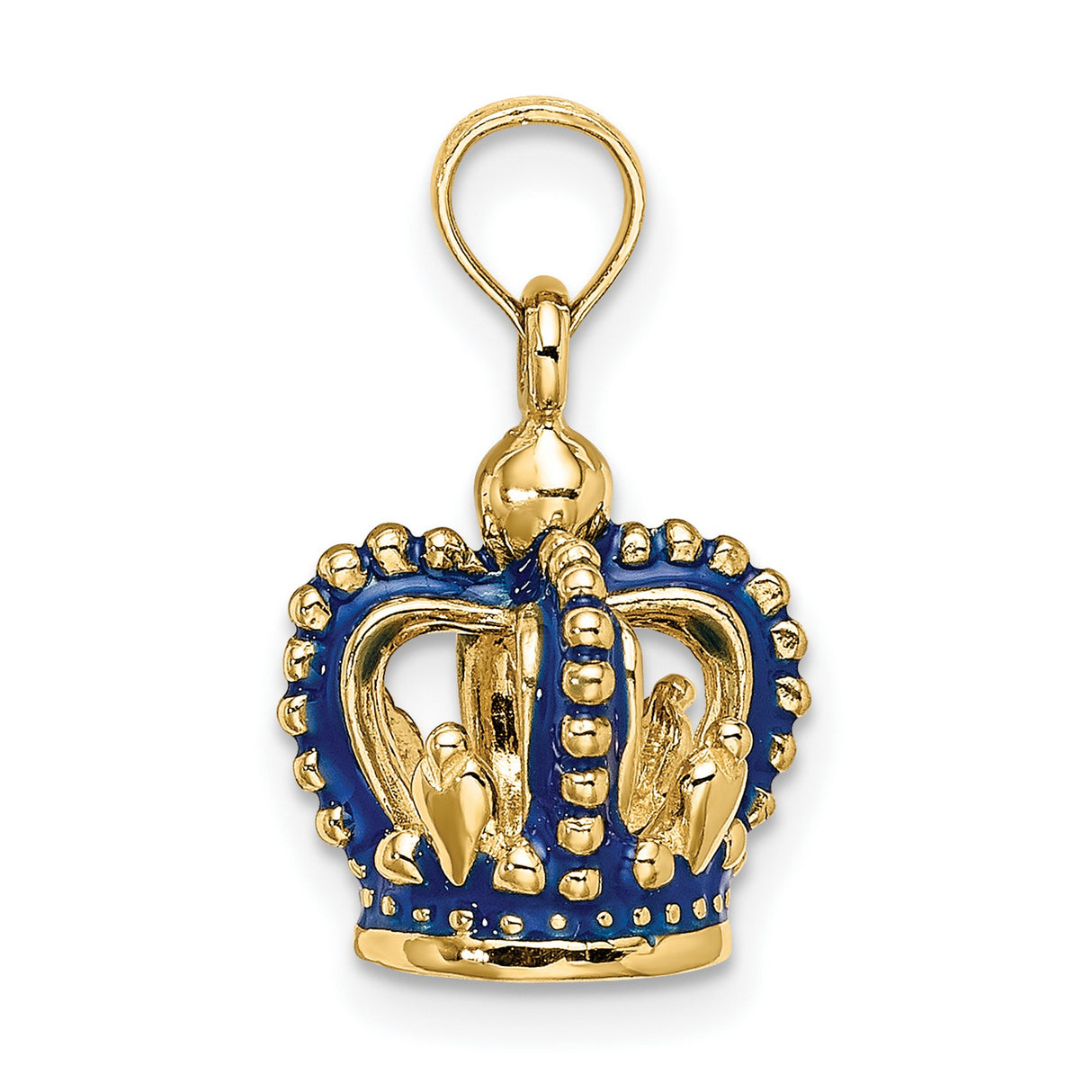 14k Yellow Gold Crown Pendant with Blue Enamel Accents, Regal Charm for Women or Unisex Wear