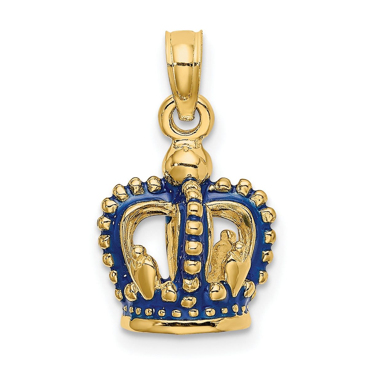 14k Yellow Gold Crown Pendant with Blue Enamel Accents, Regal Charm for Women or Unisex Wear