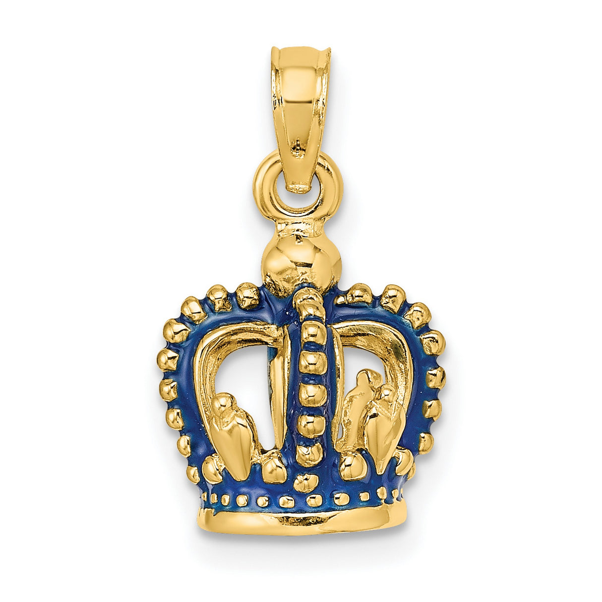 14k Yellow Gold Crown Pendant with Blue Enamel Accents, Regal Charm for Women or Unisex Wear