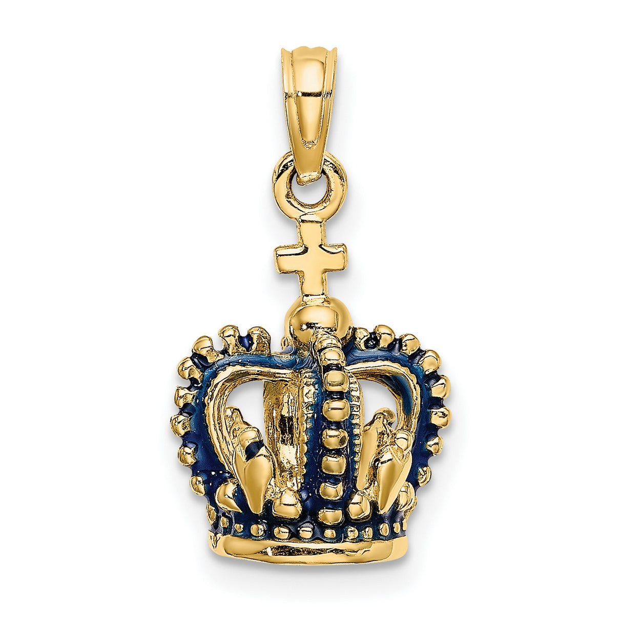14k Yellow Gold Crown Pendant with Blue Enamel and Cross Top Christian Symbol Jewelry Charm