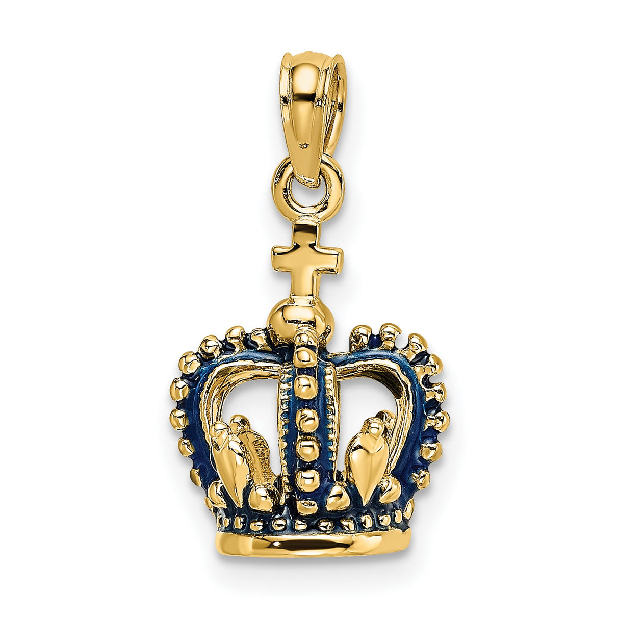 14k Yellow Gold Crown Pendant with Blue Enamel and Cross Top Christian Symbol Jewelry Charm