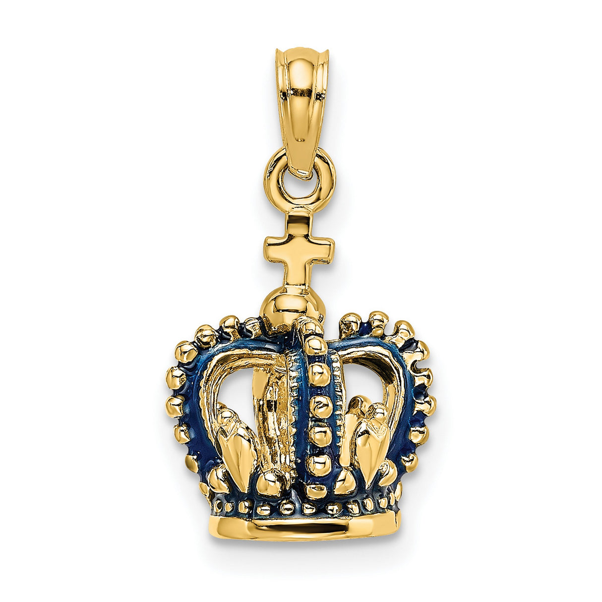 14k Yellow Gold Crown Pendant with Blue Enamel and Cross Top Christian Symbol Jewelry Charm