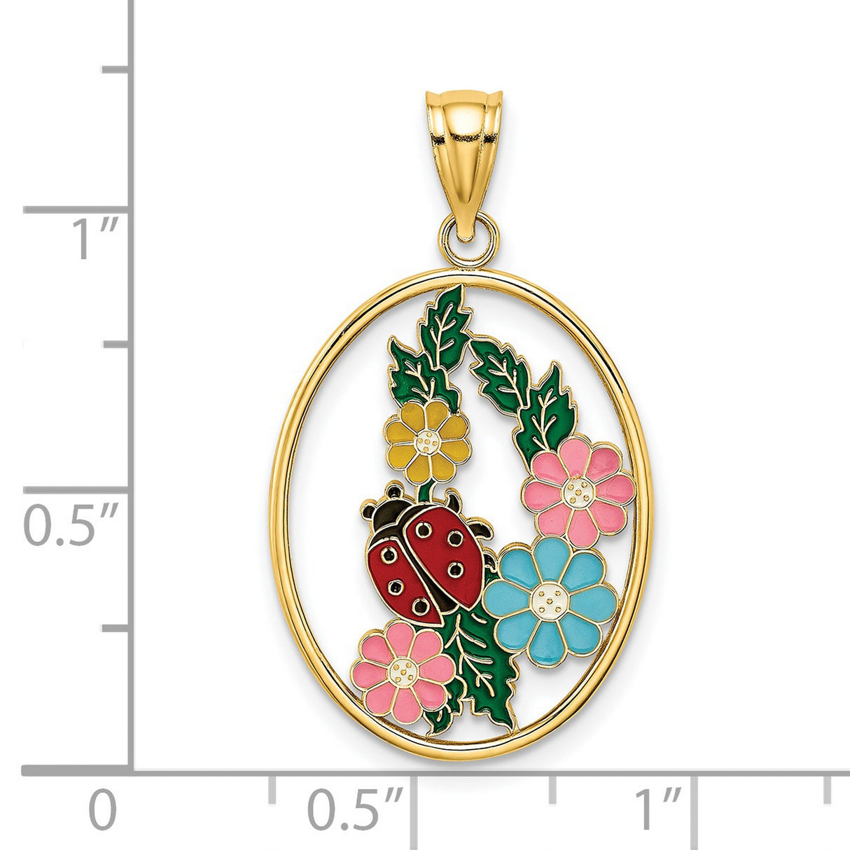 14k Yellow Gold Ladybug Pendant with Colorful Enamel Floral Motif, Nature-Inspired Garden Charm