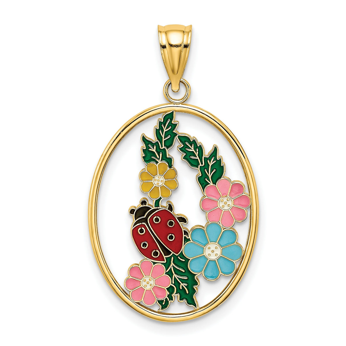 14k Yellow Gold Ladybug Pendant with Colorful Enamel Floral Motif, Nature-Inspired Garden Charm