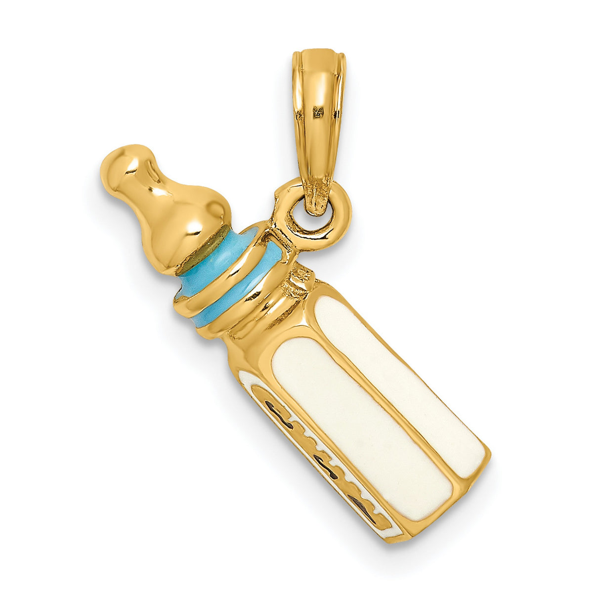 14k Yellow Gold Baby Bottle Pendant with Blue and White Enamel, Motherhood Charm