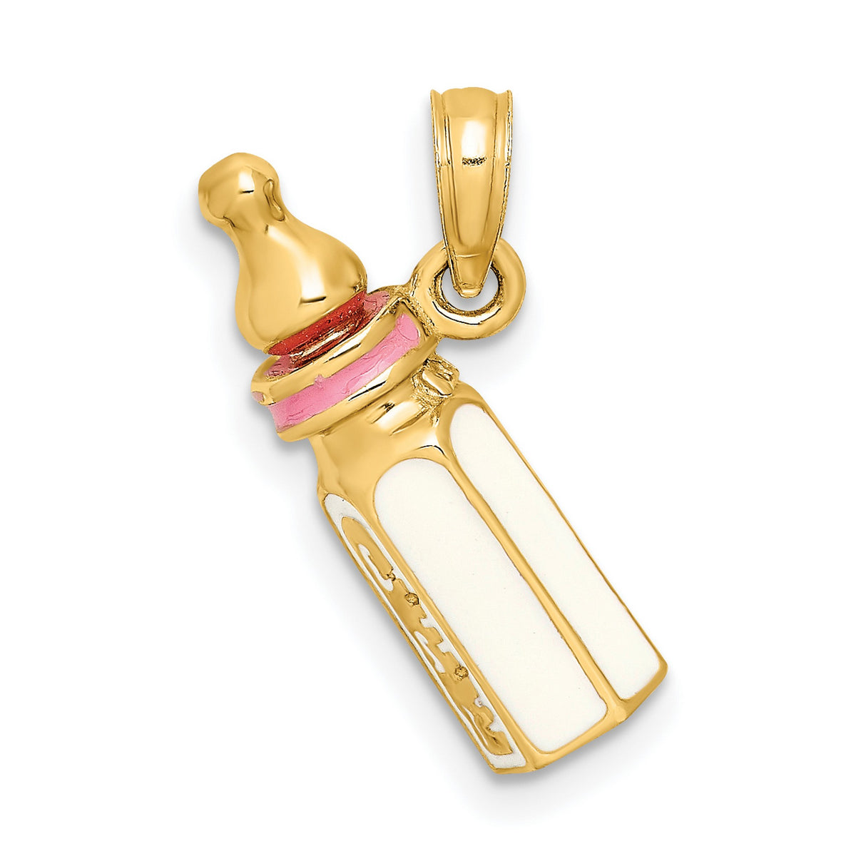 14k Yellow Gold Baby Bottle Pendant with White and Pink Enamel Accents, Motherhood Charm for Women