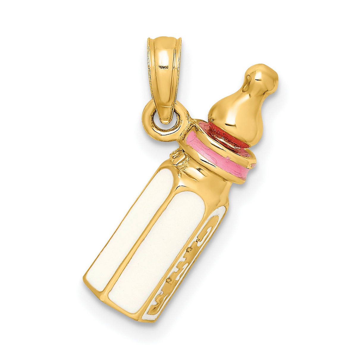 14k Yellow Gold Baby Bottle Pendant with White and Pink Enamel Accents, Motherhood Charm for Women