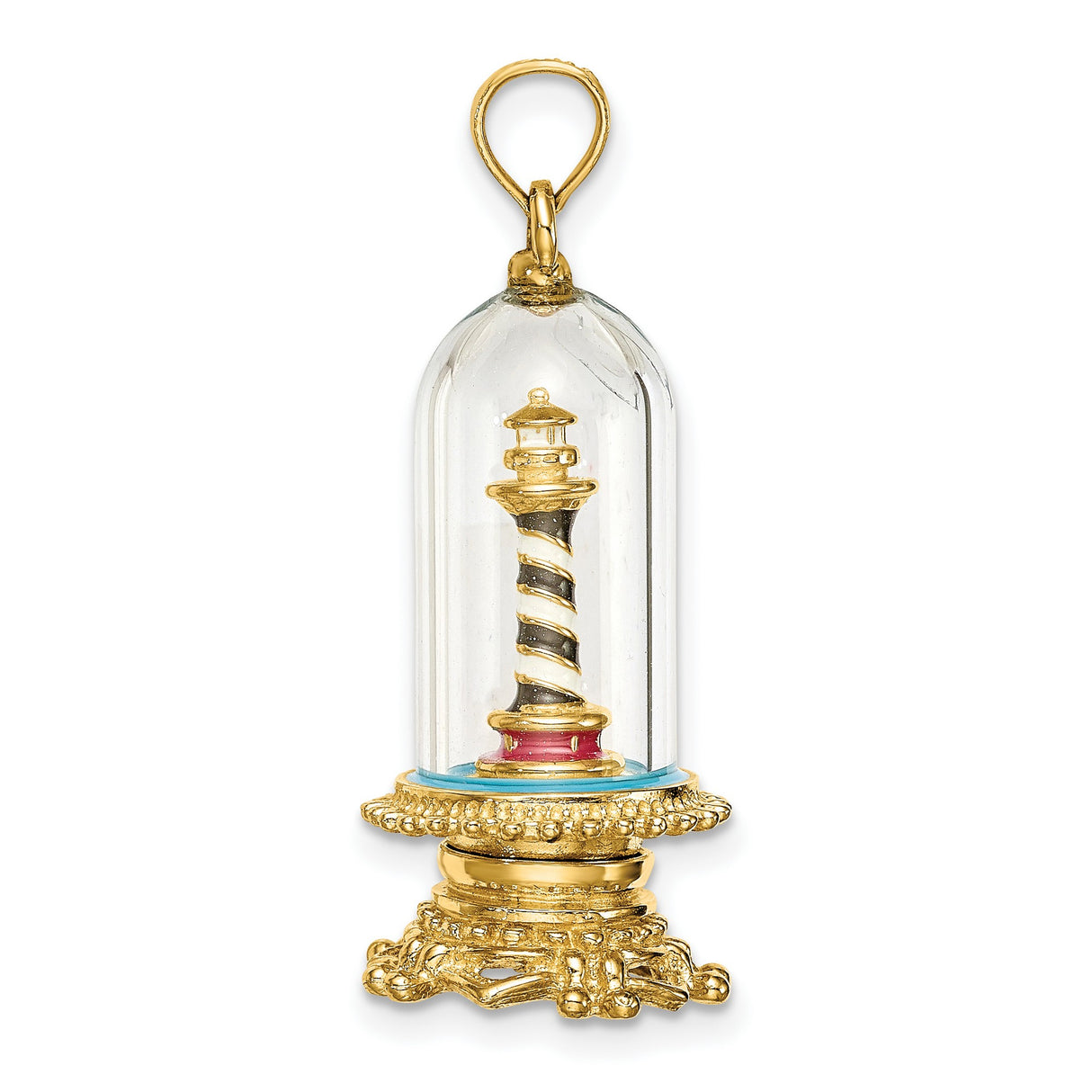 14k Yellow Gold Lighthouse Pendant with Glass Dome, Striped Nautical Design