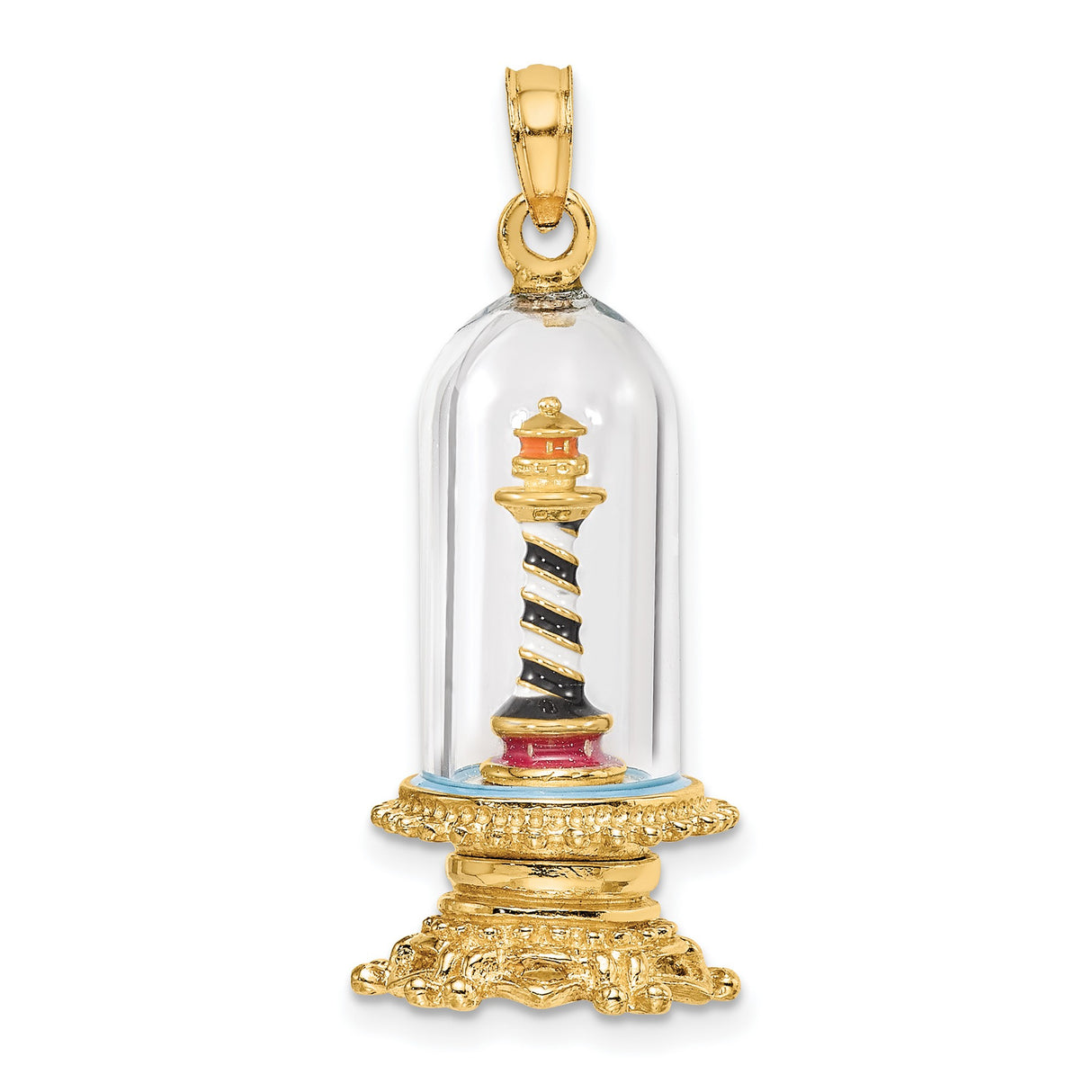 14k Yellow Gold Lighthouse Pendant with Glass Dome, Striped Nautical Design