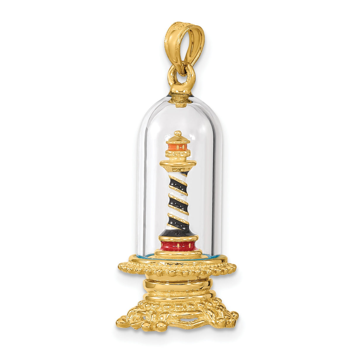 14k Yellow Gold Lighthouse Pendant with Glass Dome, Striped Nautical Design