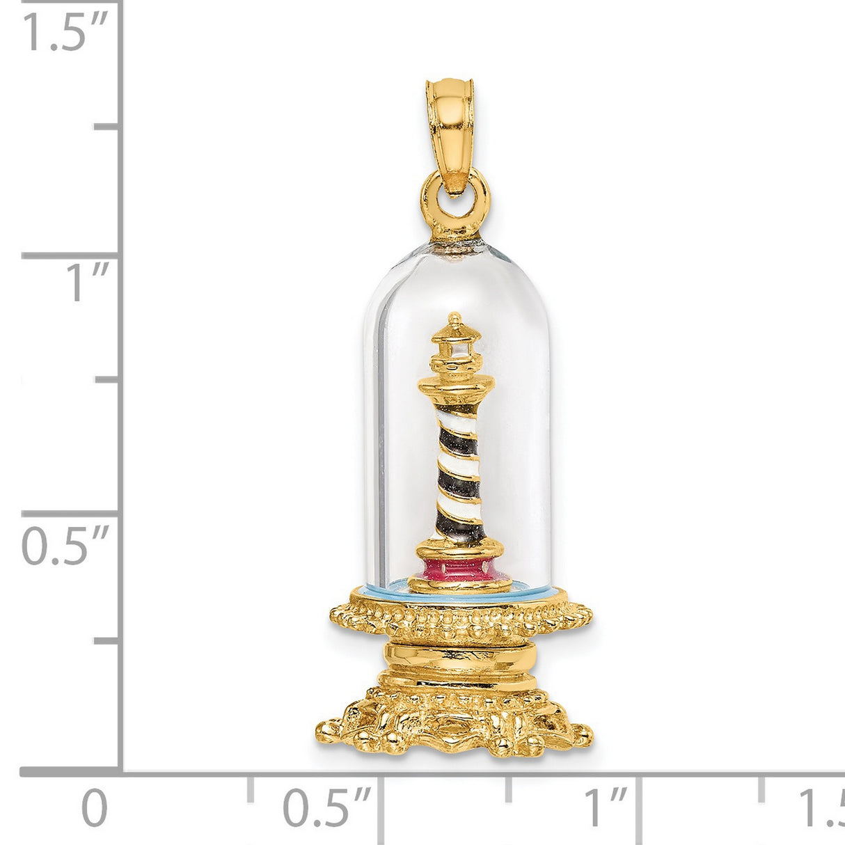 14k Yellow Gold Lighthouse Pendant with Glass Dome, Striped Nautical Design