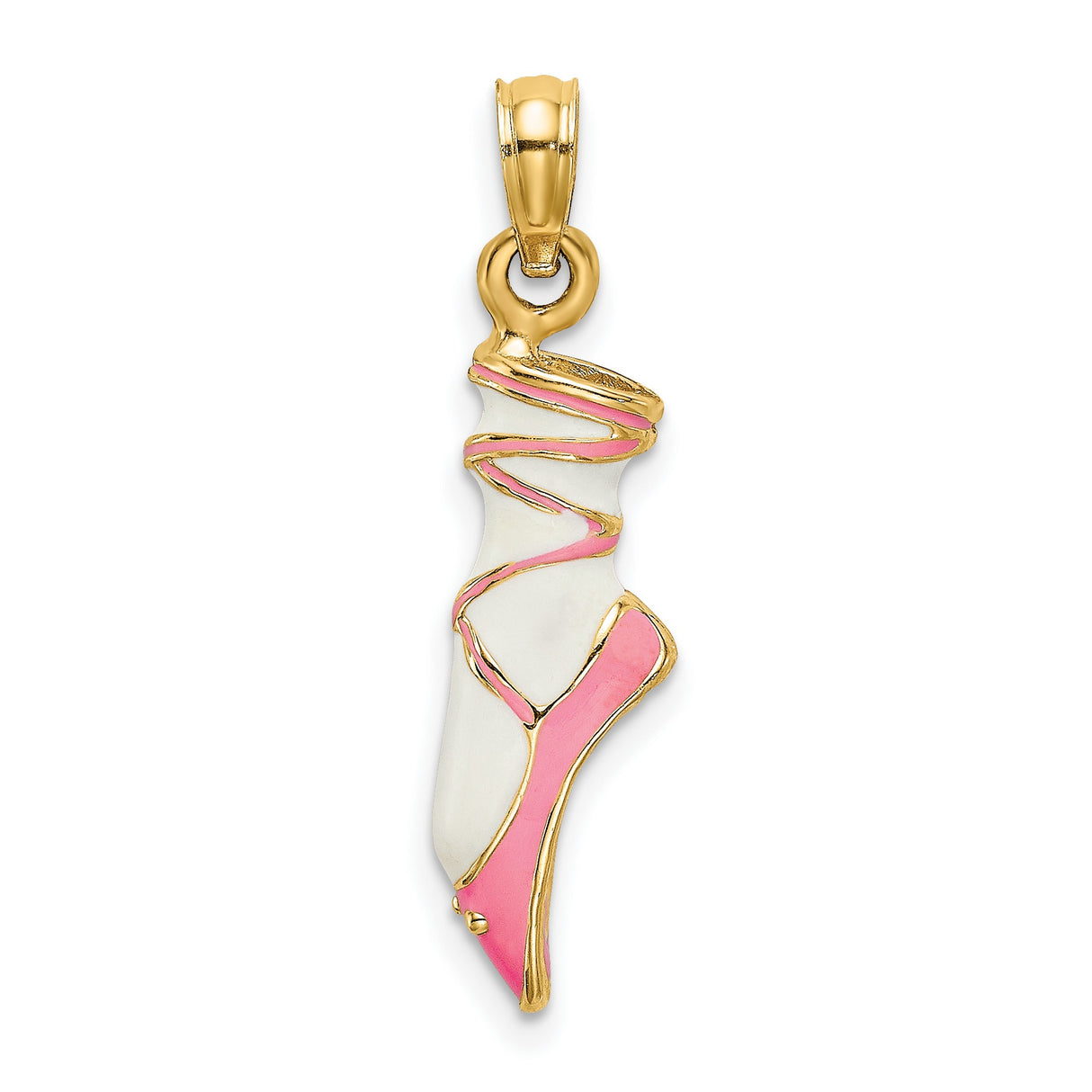 14k Yellow Gold Ballet Slipper Pendant with Pink and White Enamel, Dancer en Pointe Design