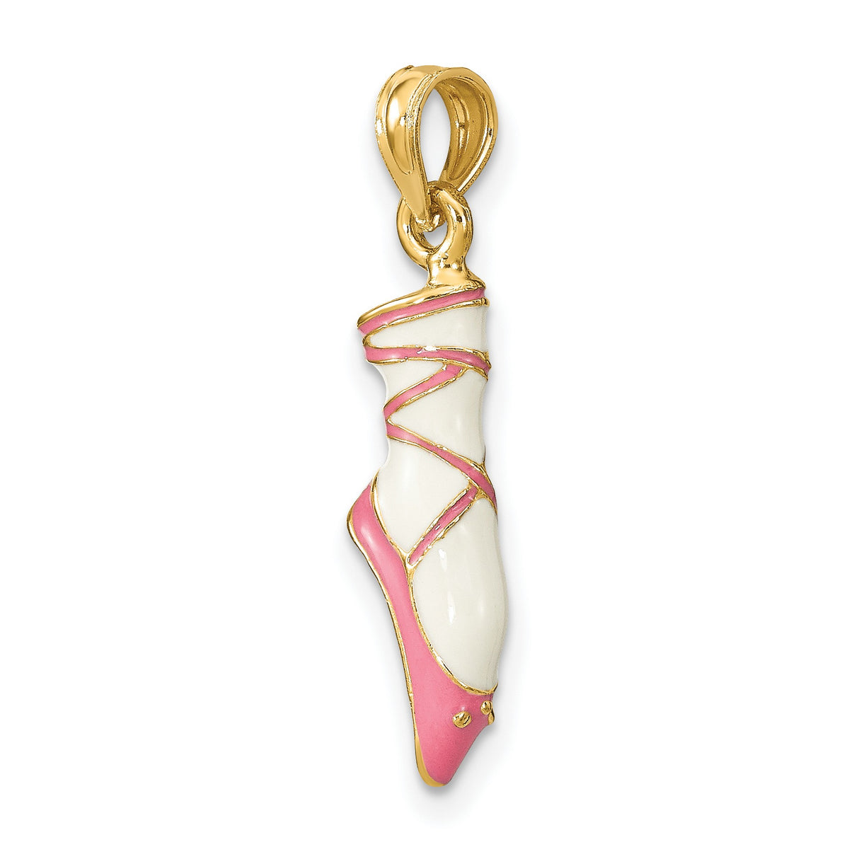 14k Yellow Gold Ballet Slipper Pendant with Pink and White Enamel, Dancer en Pointe Design