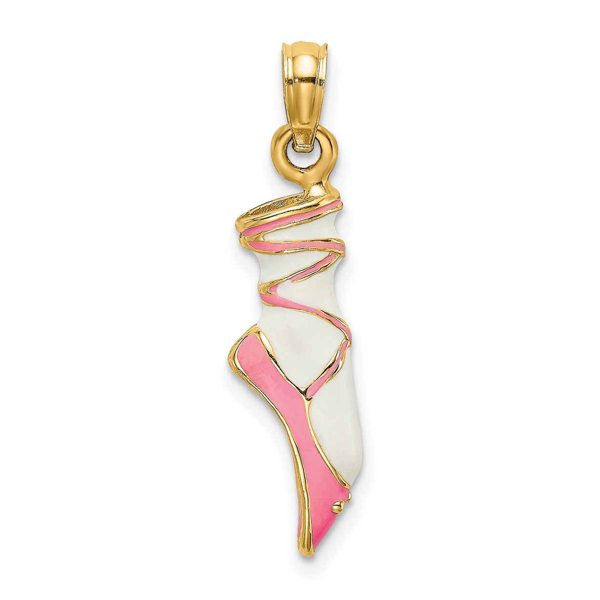 14k Yellow Gold Ballet Slipper Pendant with Pink and White Enamel, Dancer en Pointe Design