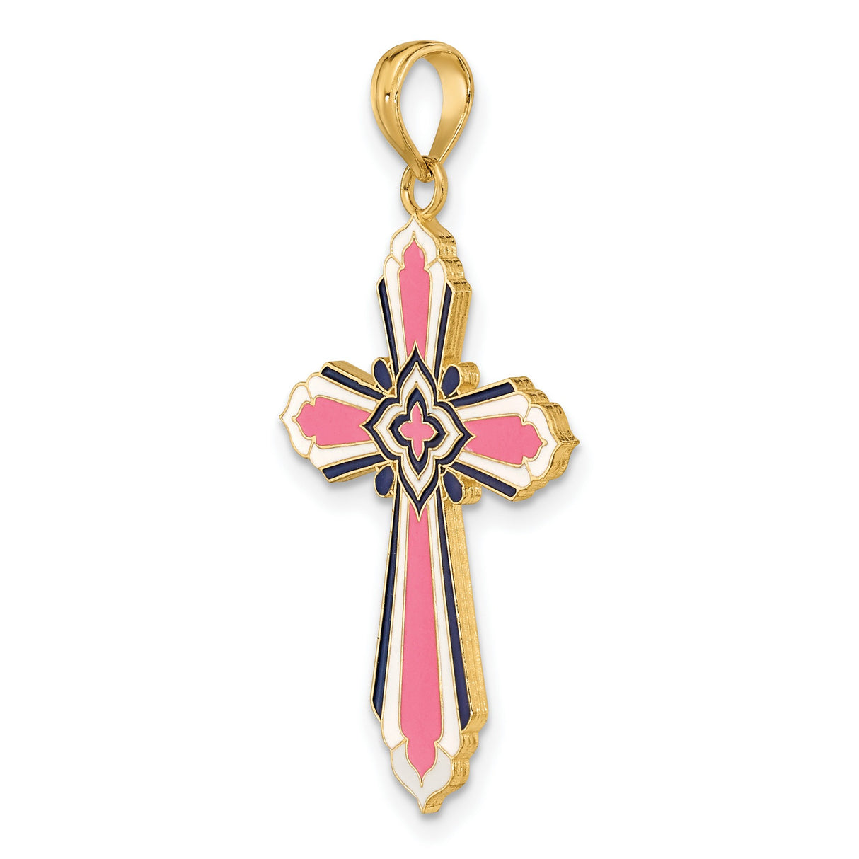 14k Yellow Gold Cross Pendant with White and Navy Enamel, Floral Motif, Flared Edges, Cathedral Design