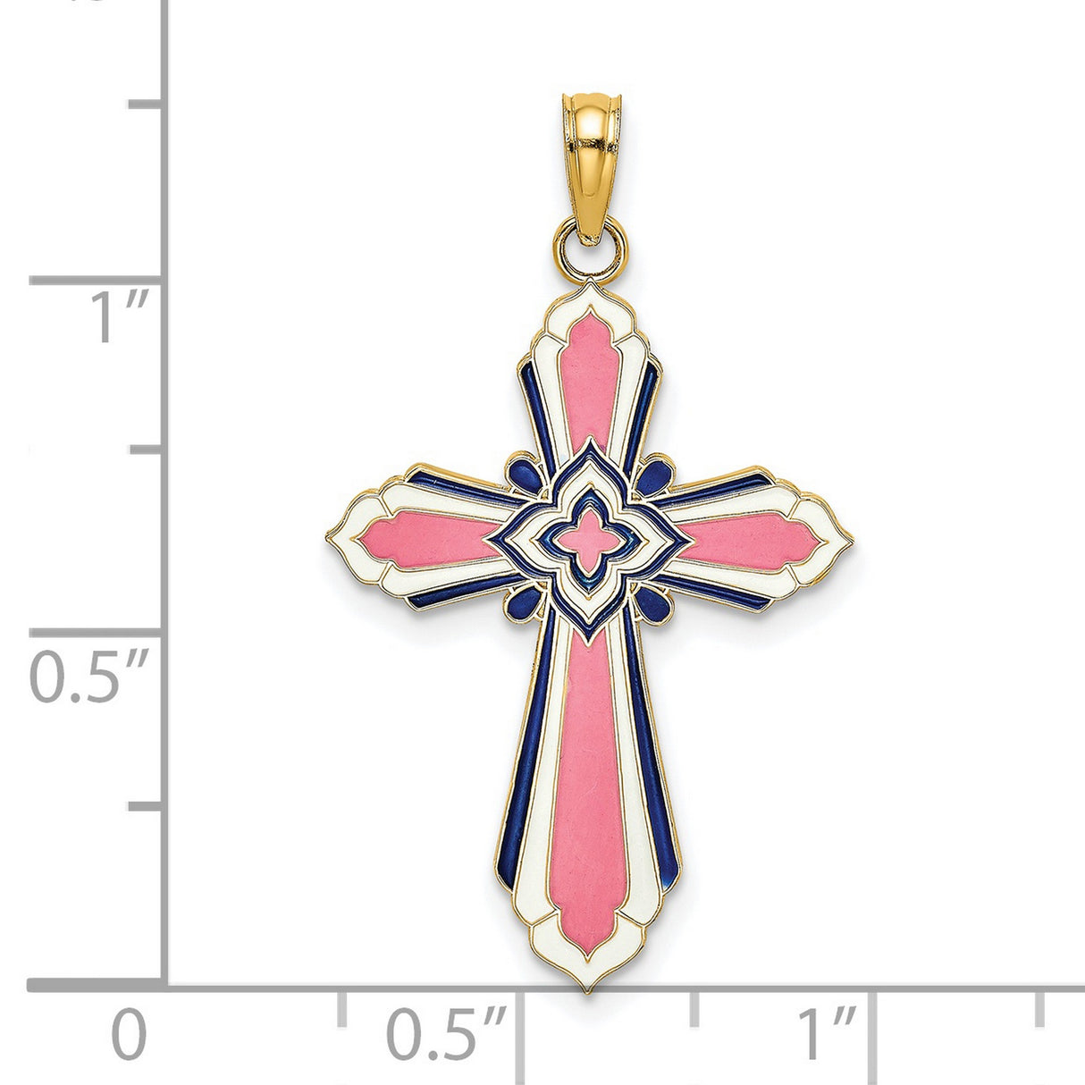 14k Yellow Gold Cross Pendant with White and Navy Enamel, Floral Motif, Flared Edges, Cathedral Design