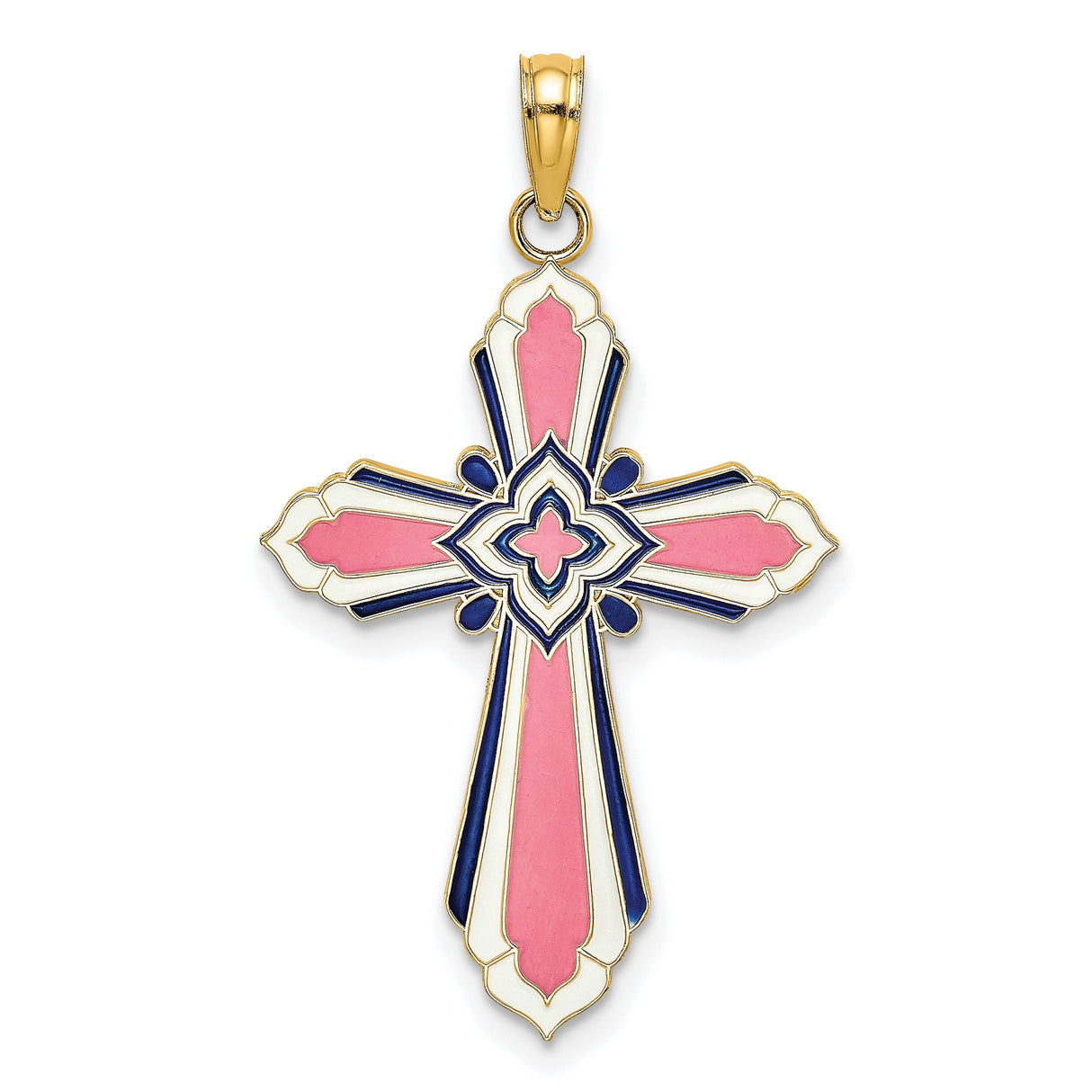 14k Yellow Gold Cross Pendant with White and Navy Enamel, Floral Motif, Flared Edges, Cathedral Design