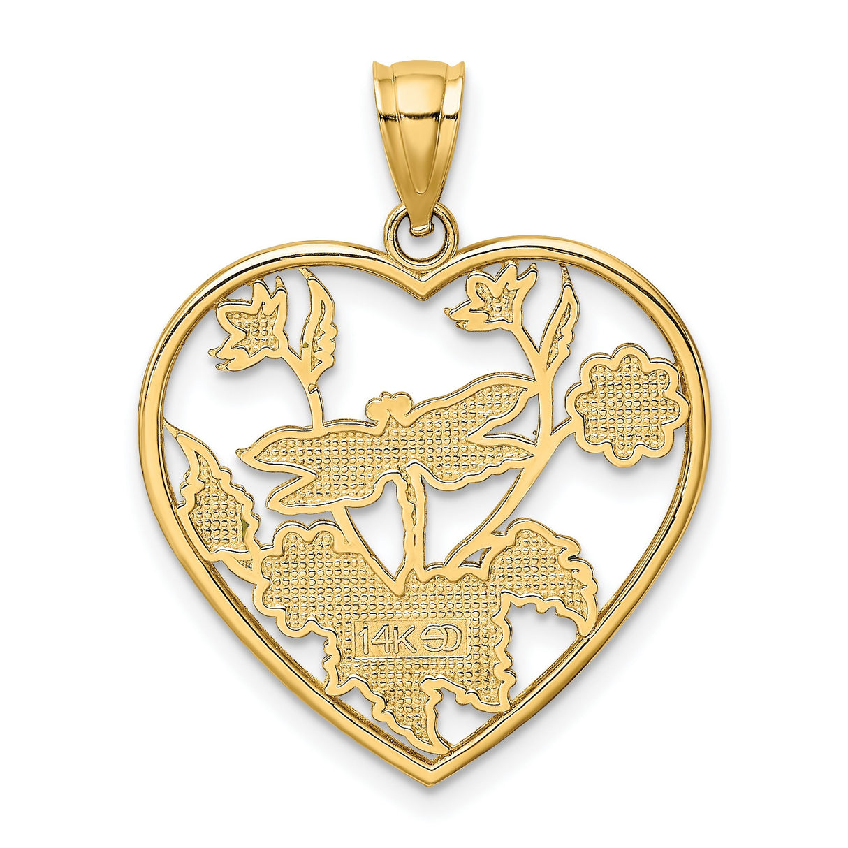 14k Yellow Gold Heart Pendant with Enamel Dragonfly, Pink Flowers and Green Leaves