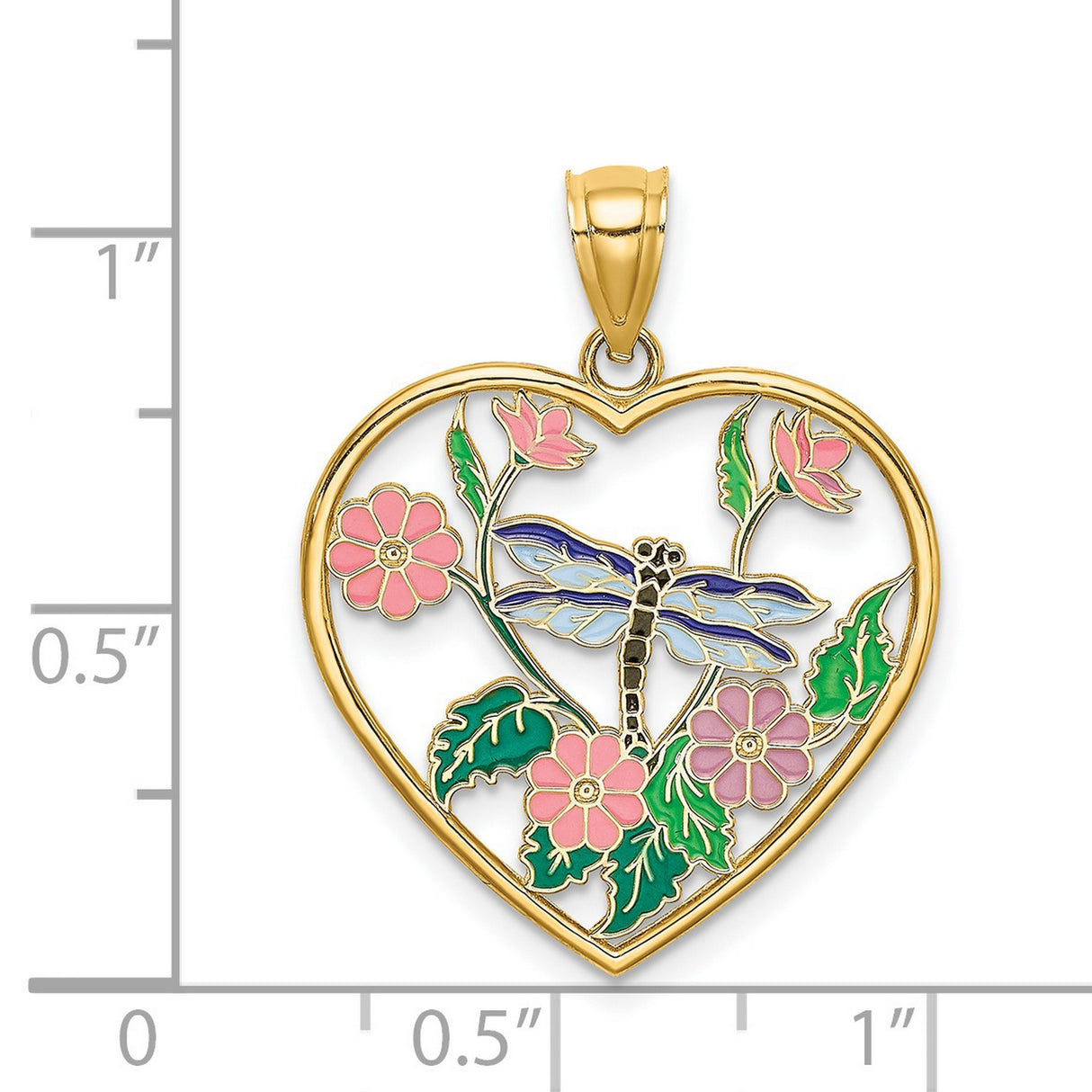 14k Yellow Gold Heart Pendant with Enamel Dragonfly, Pink Flowers and Green Leaves