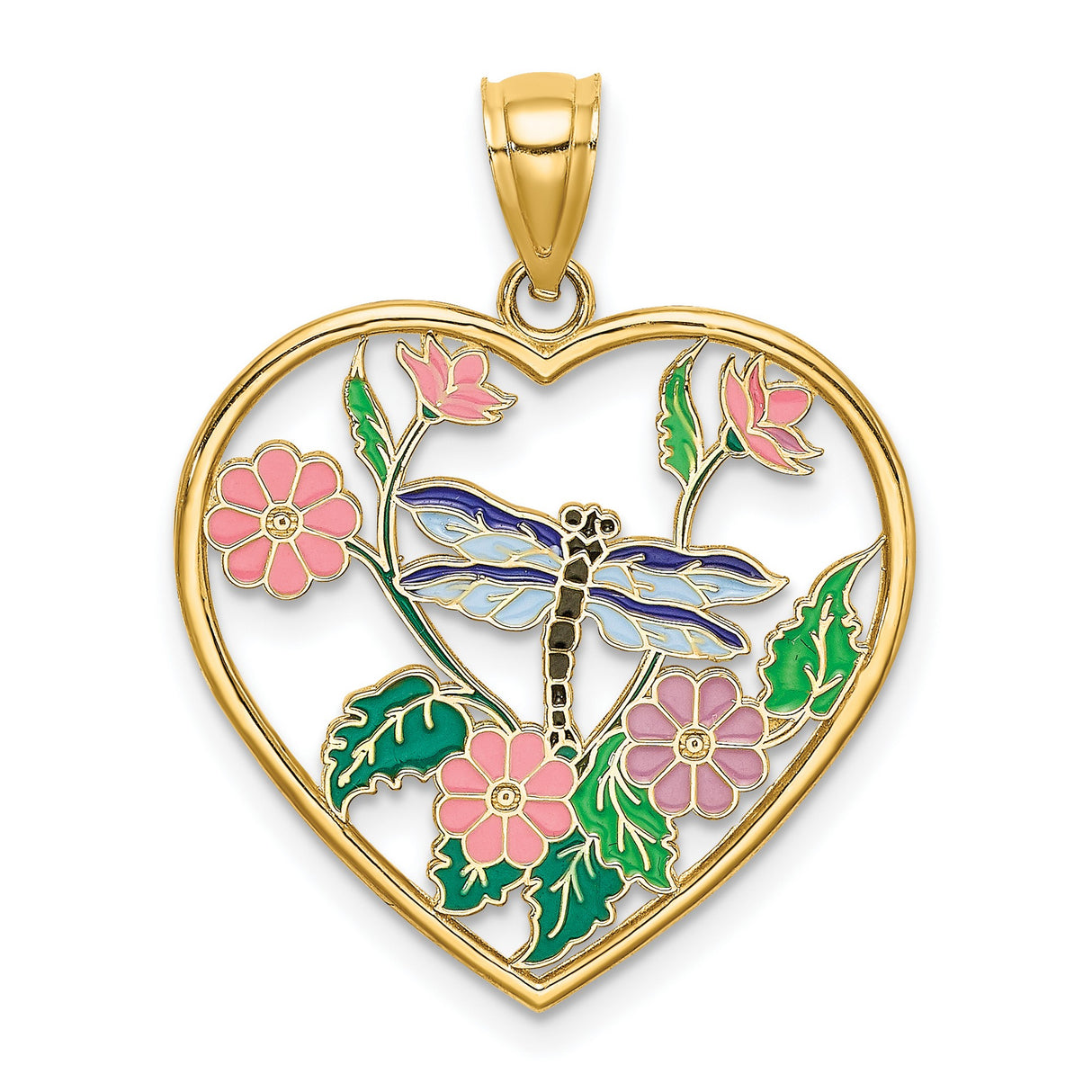 14k Yellow Gold Heart Pendant with Enamel Dragonfly, Pink Flowers and Green Leaves