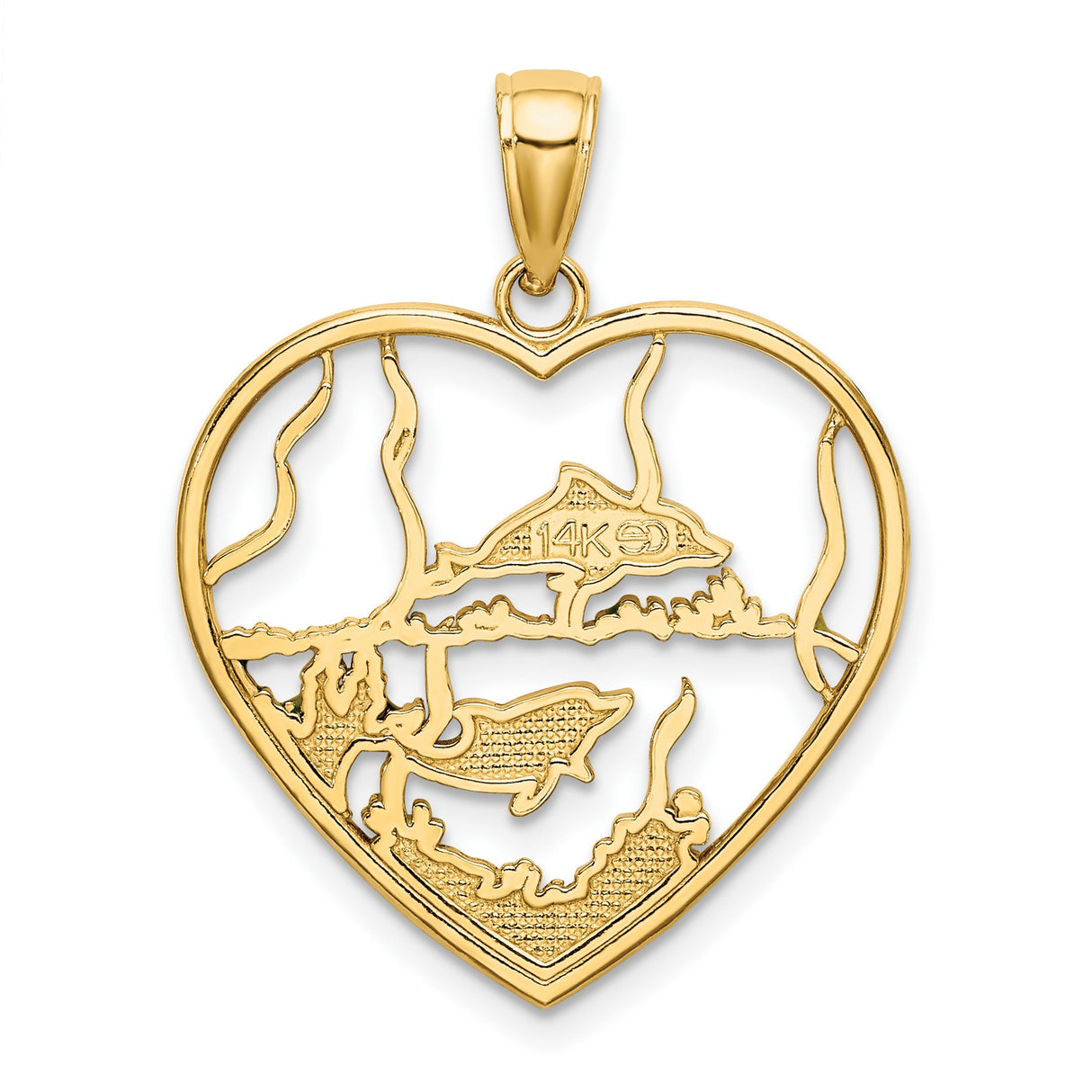 14k Yellow Gold Heart Pendant with Enamel Dolphins, Coral and Seaweed Design