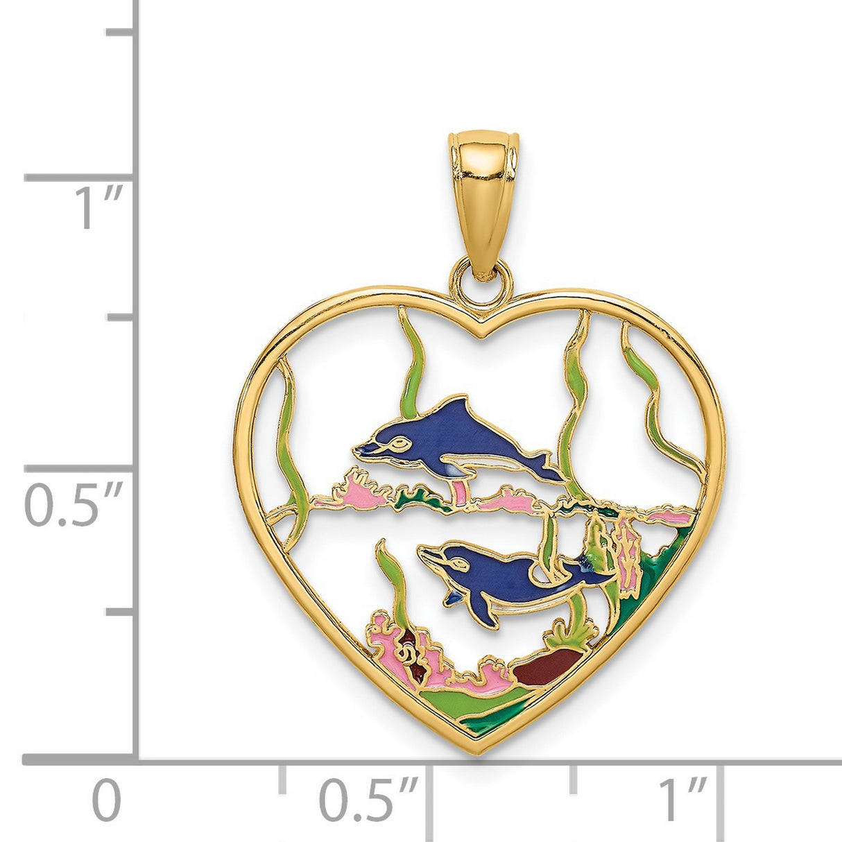 14k Yellow Gold Heart Pendant with Enamel Dolphins, Coral and Seaweed Design
