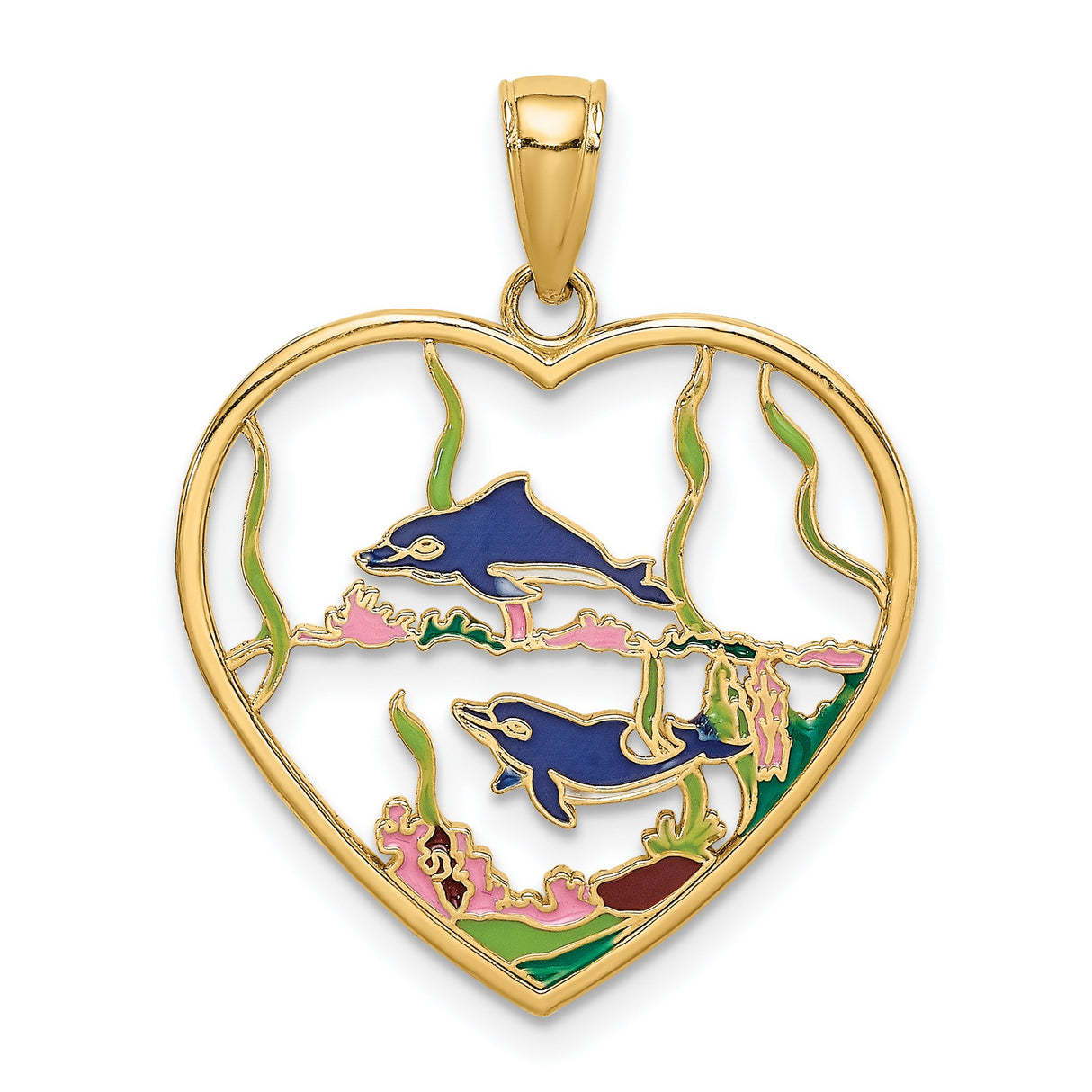 14k Yellow Gold Heart Pendant with Enamel Dolphins, Coral and Seaweed Design