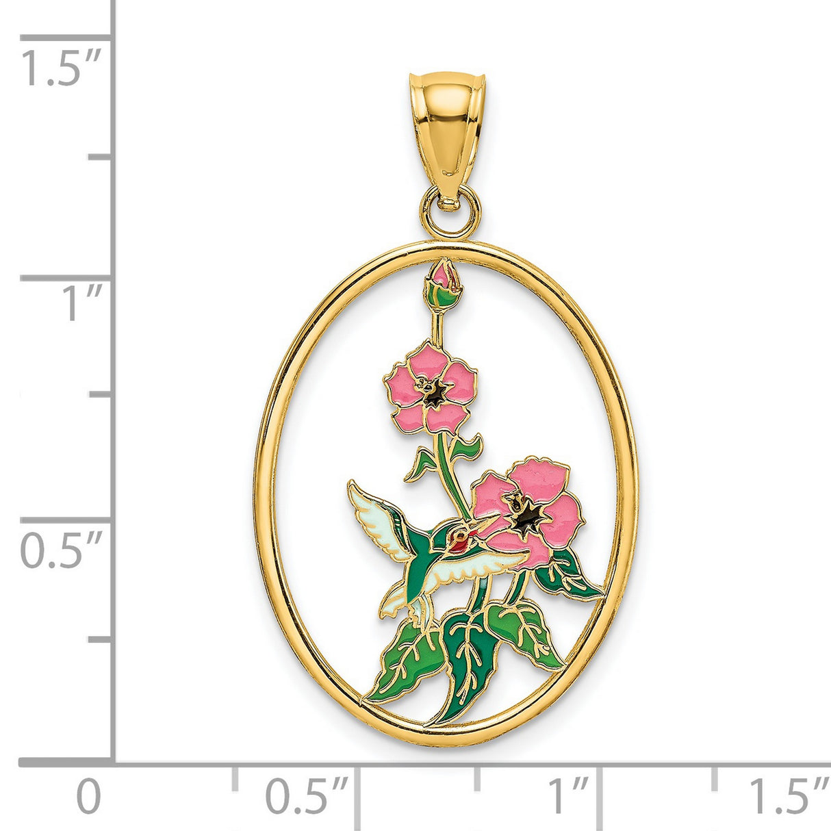 14k Yellow Gold Oval Pendant with Enamel Hummingbird and Pink Flower Design