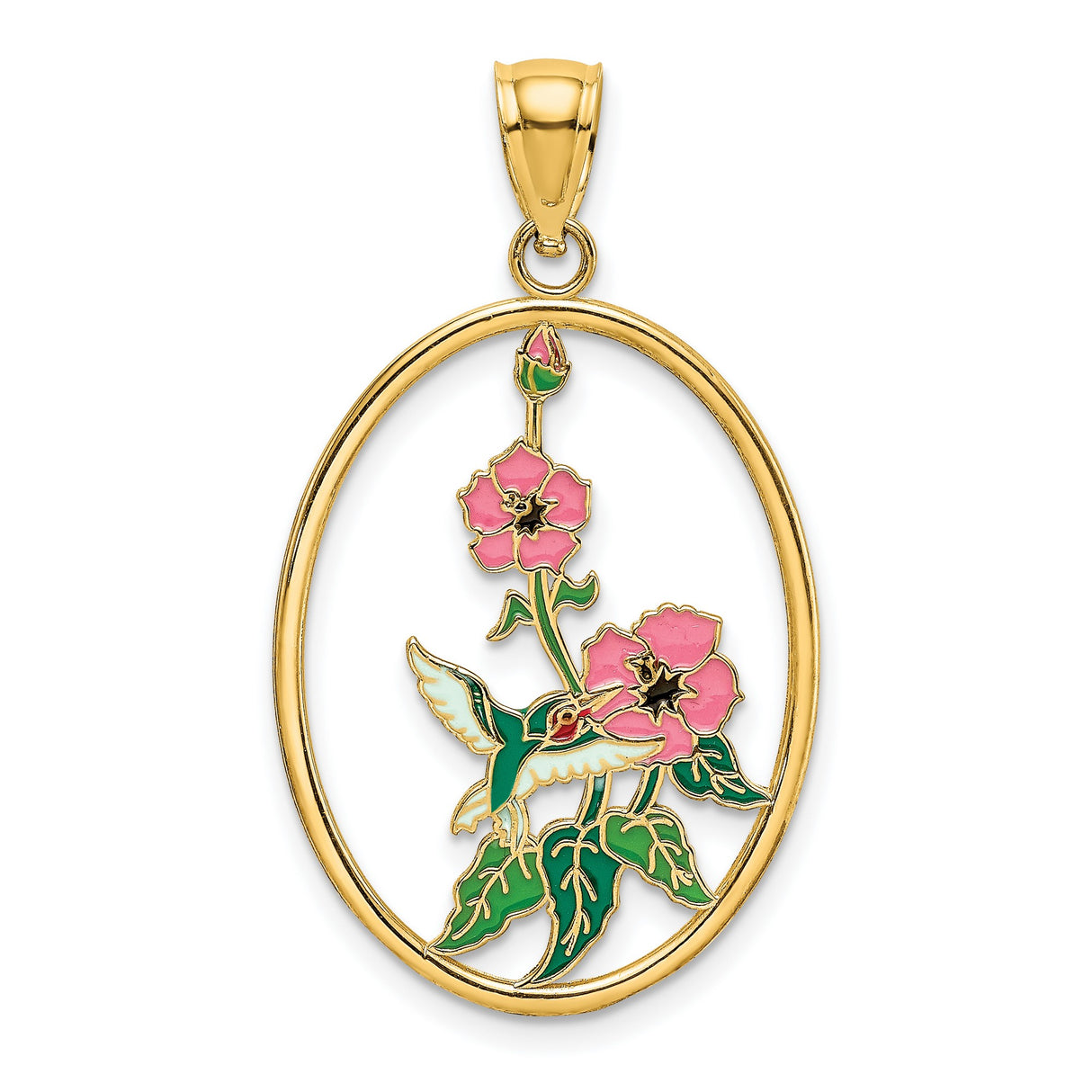 14k Yellow Gold Oval Pendant with Enamel Hummingbird and Pink Flower Design