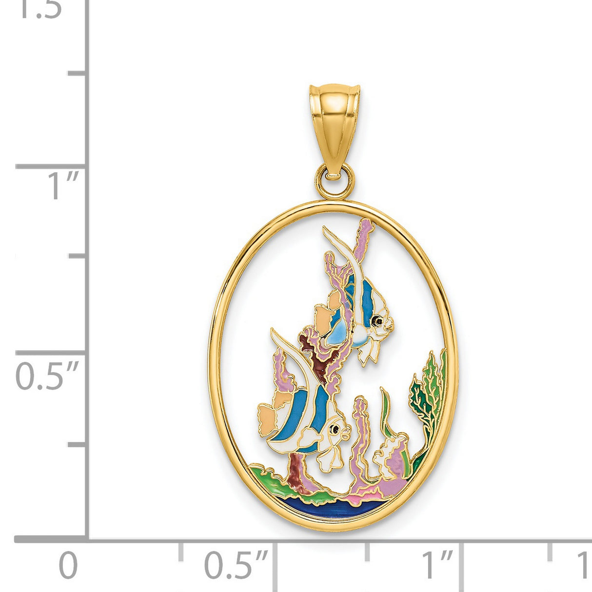 14k Yellow Gold Pendant with Enamel Angelfish, Coral and Seaweed, Nautical Ocean Theme