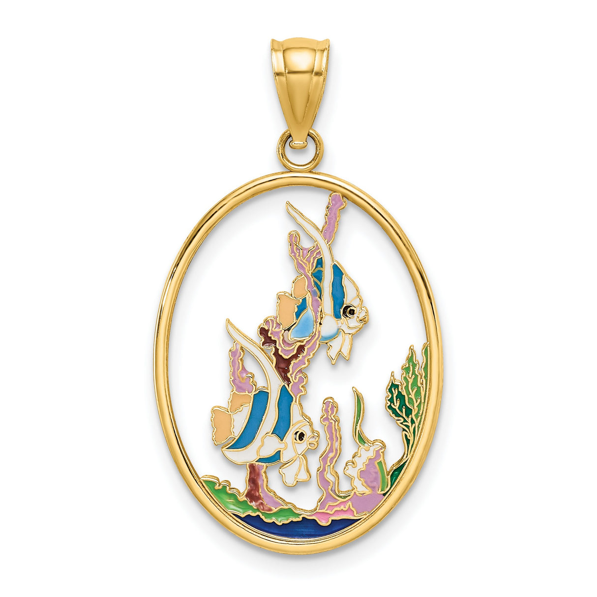 14k Yellow Gold Pendant with Enamel Angelfish, Coral and Seaweed, Nautical Ocean Theme