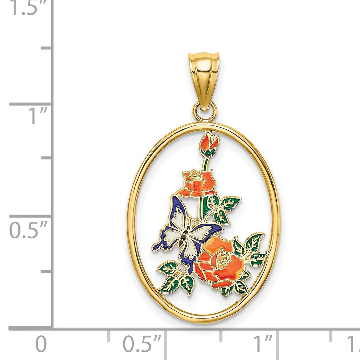 14k Yellow Gold Oval Pendant with Enamel Red Roses and Purple Butterfly, Floral Design