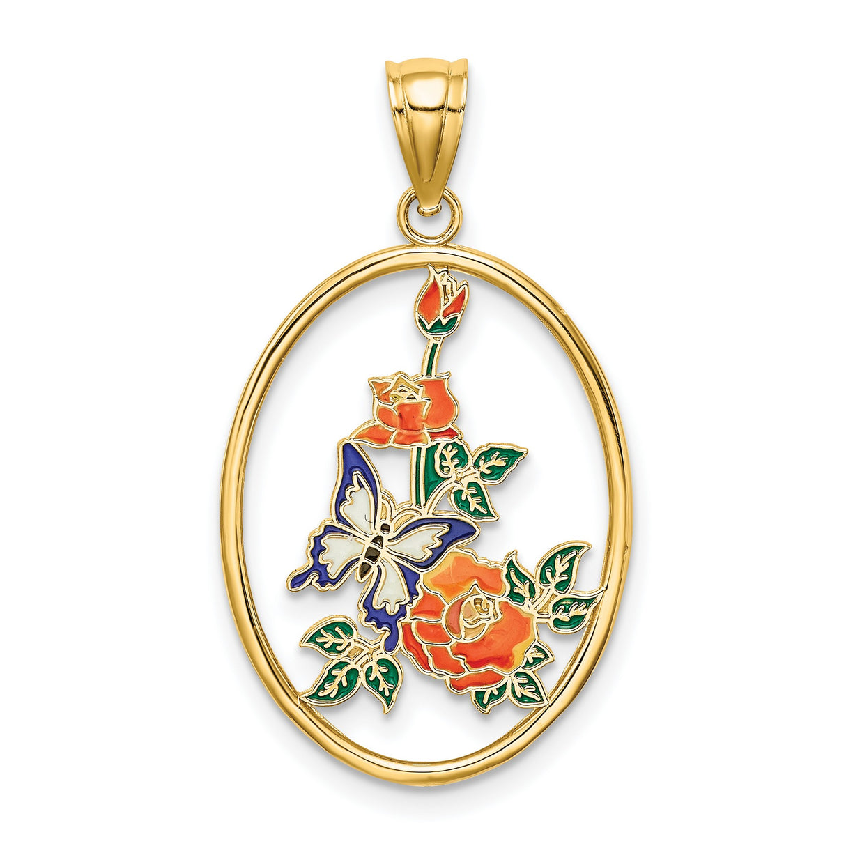 14k Yellow Gold Oval Pendant with Enamel Red Roses and Purple Butterfly, Floral Design